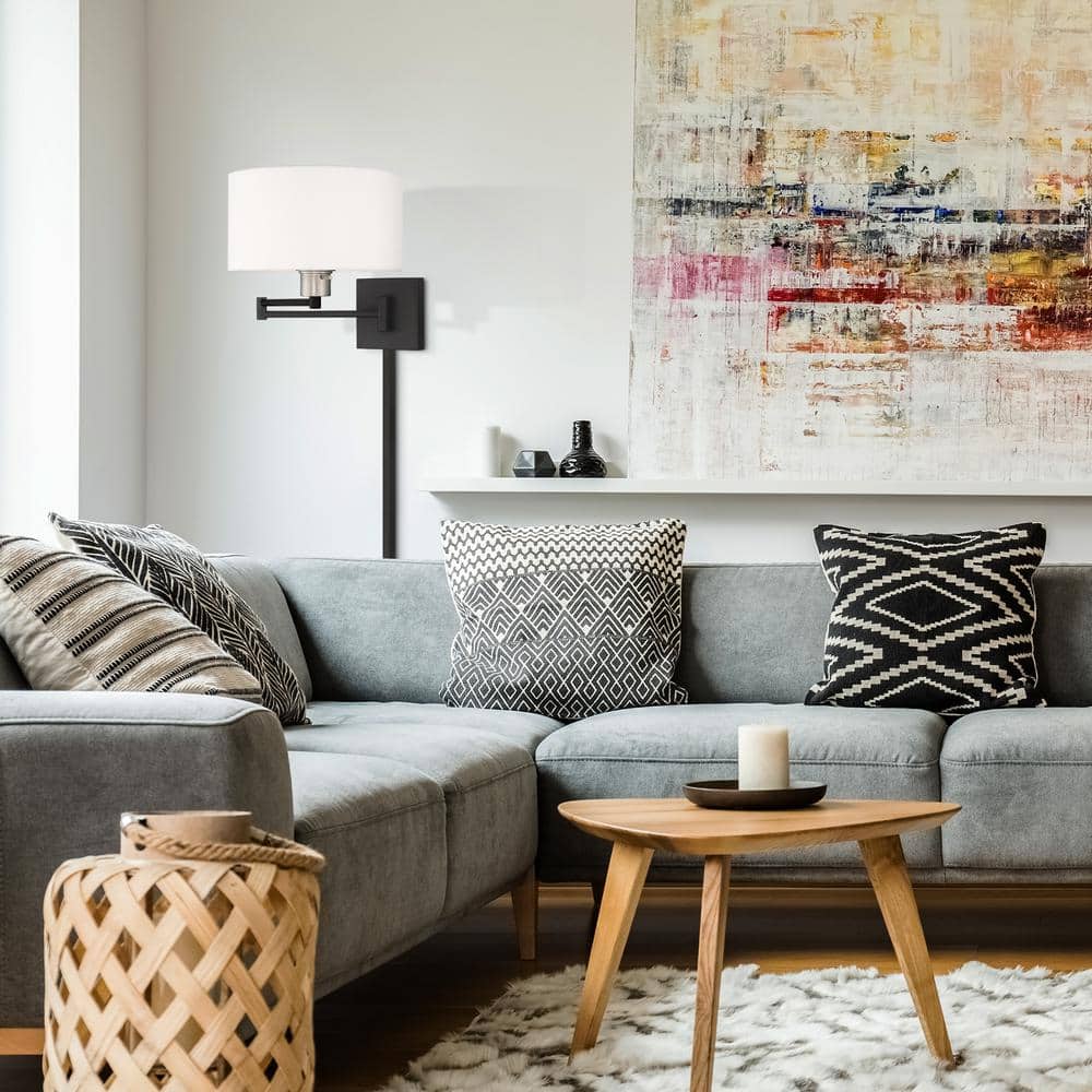 Sleek Transitional Black Swing Arm Wall Lamp with Off-White Fabric Shade