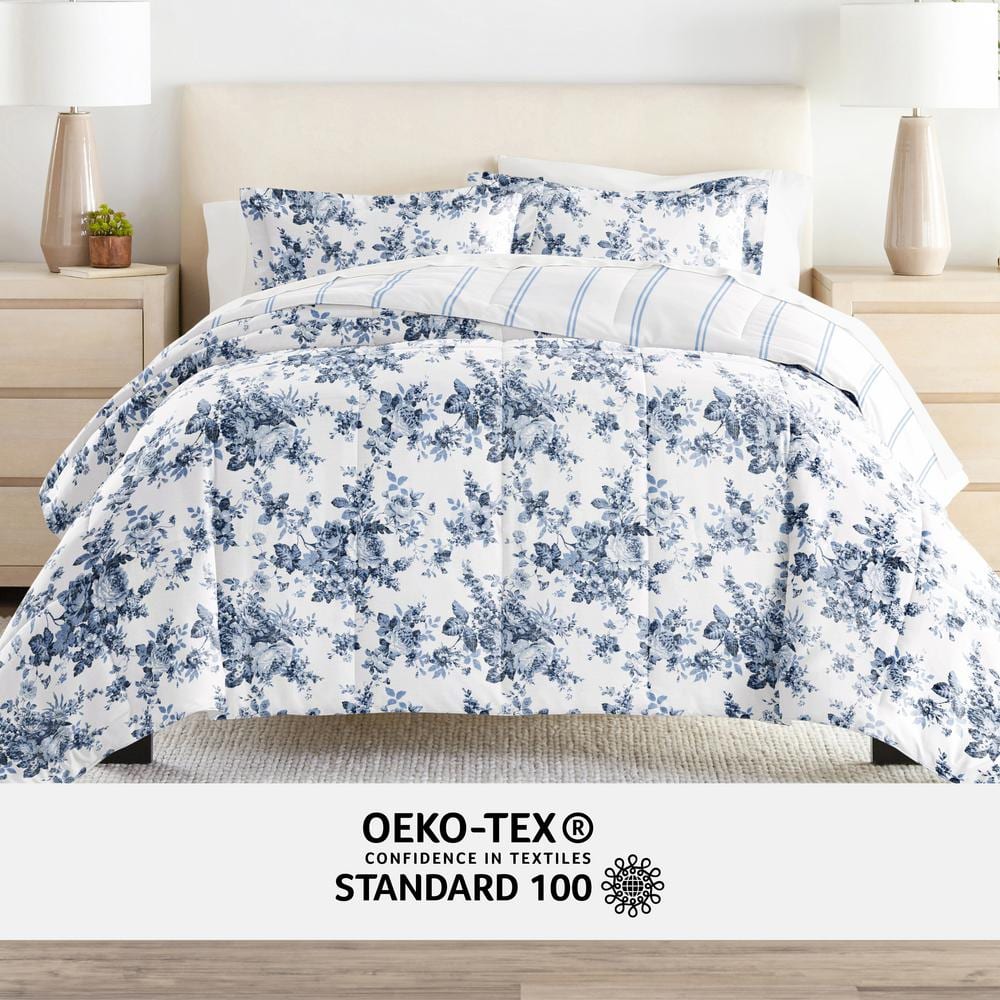 Twin XL White and Blue Floral Microfiber Bedding Set