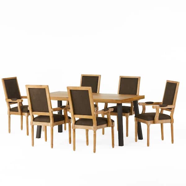 Noble House Stocker 7-Piece Natural and Brown Wood Dining Set