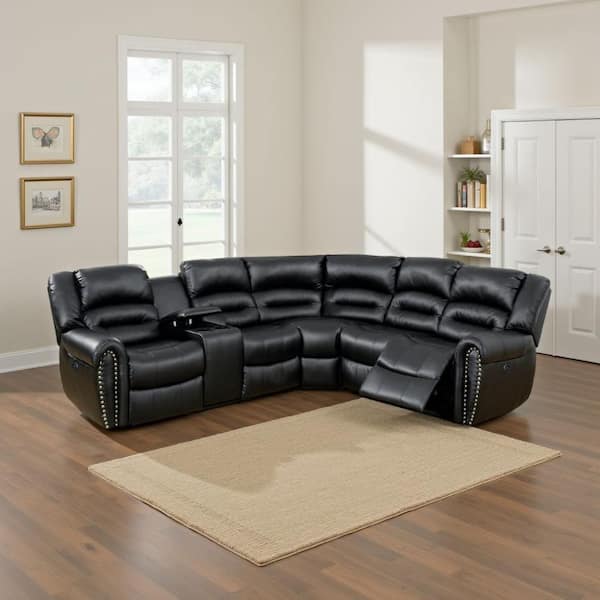 Qox 98.0 in. Pillow Top Arm Bonded Leather Modern L-Shaped Power Reclining Sectional Sofa Set in. Black