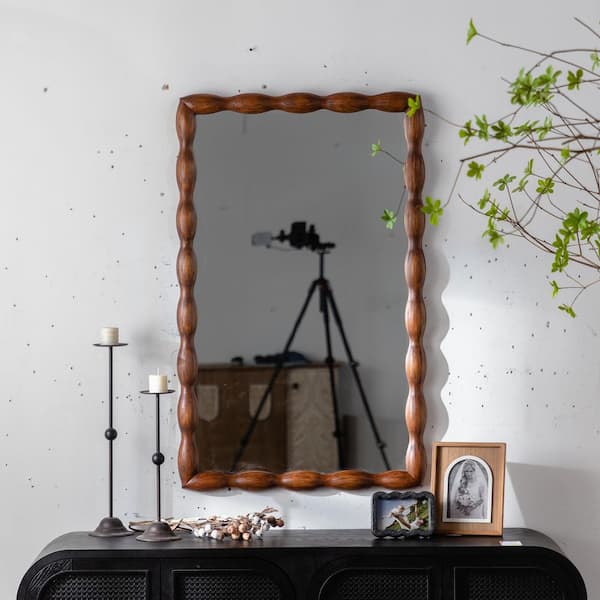 Brown 36.02 in W x 24.02 in H Mid-Century Modern Rectangle Wall Mirror, Solid Wood Frame Decorative Wall Mounted Mirror