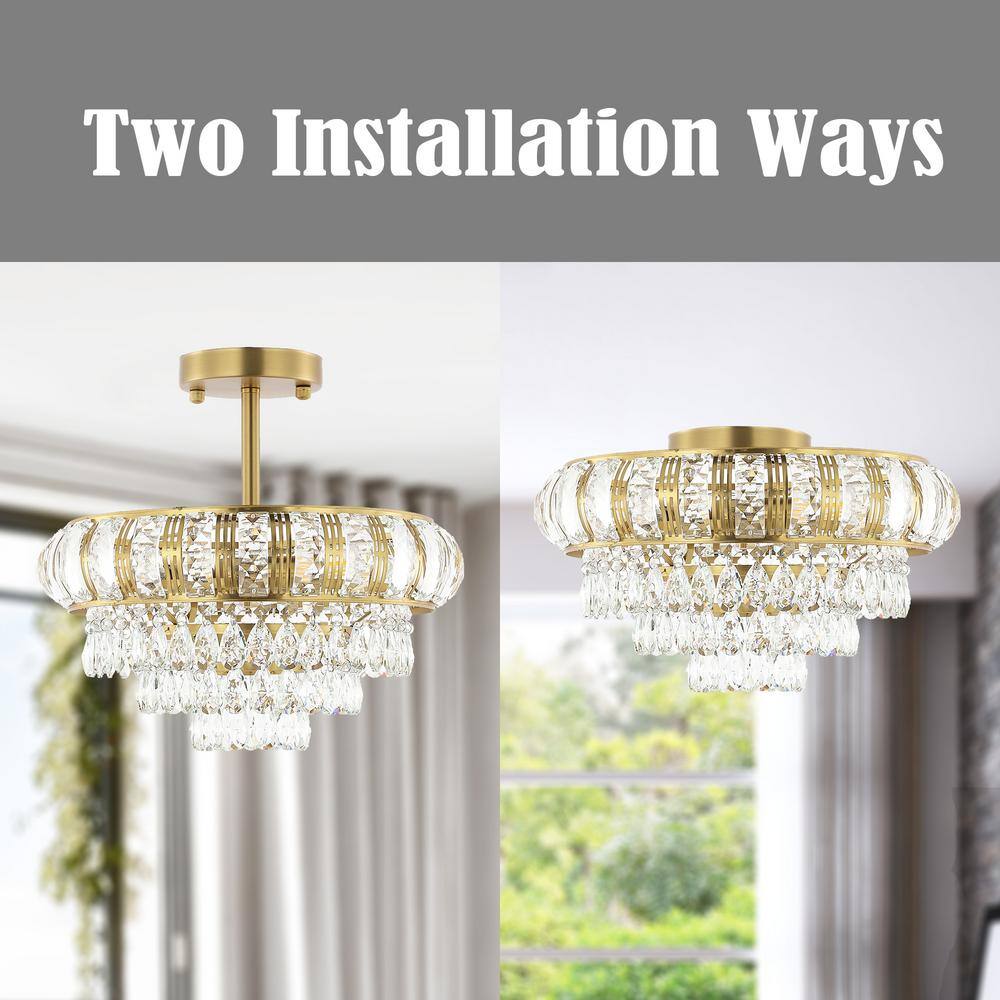 Gold Beaded Crystal 3-Light Semi Flush Mount Chandelier