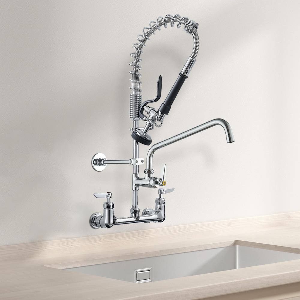 Commercial Triple Handle Wall Mount Stainless Steel Kitchen Faucet in Polished Chrome