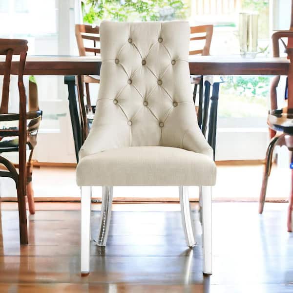 HomeRoots Tufted Cream And Clear Upholstered Linen Side Chair (Set Of 2)