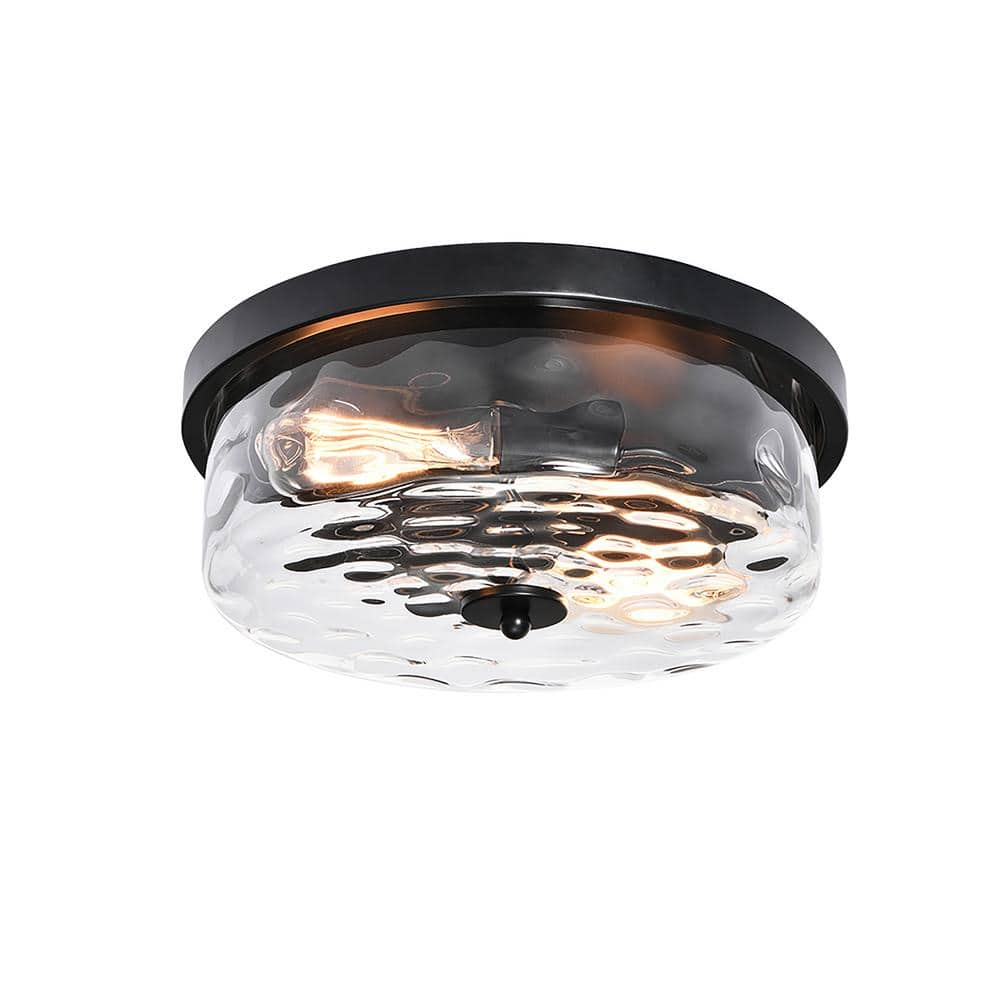 HUOKU Lumin 13 in. 2-Light Matte Black Smart Flush Mount with Drum ...