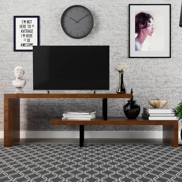 Orford Mid-Century Modern TV Stand with MDF Shelves and Powder Coated Iron Legs, Walnut