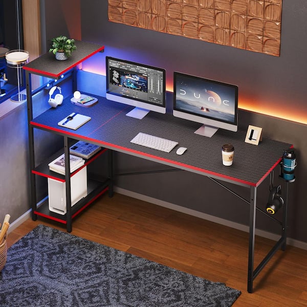 61 in. Rectangular Black Carbon Fiber Computer Desk w/ 4-Tier Storage Shelves and Hook, Home Office Desk with LED Light