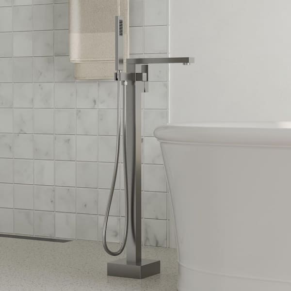 Double Handles Floor Mounted Free Standing Tub Faucets with Hand Shower in Brushed Nickel (Valve Included)