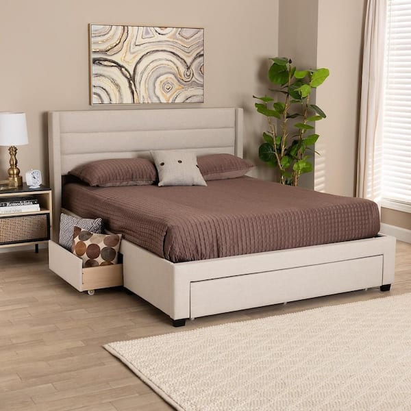 Beige Frame Queen Size Platform Bed, Durable Platform Bed for All Spaces, Space-Saving Modern Platform Bed
