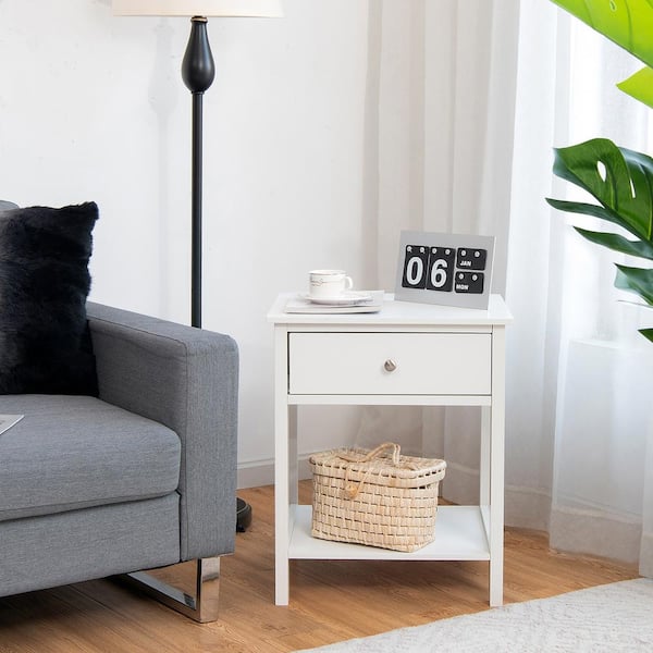 Costway 1-Drawer White Nightstand with Drawer Storage Shelf Wooden Bedside Sofa Side Table 23 Costway 1-Drawer White Nightstand with Drawer Storage Shelf Wooden Bedside Sofa Side Table 23