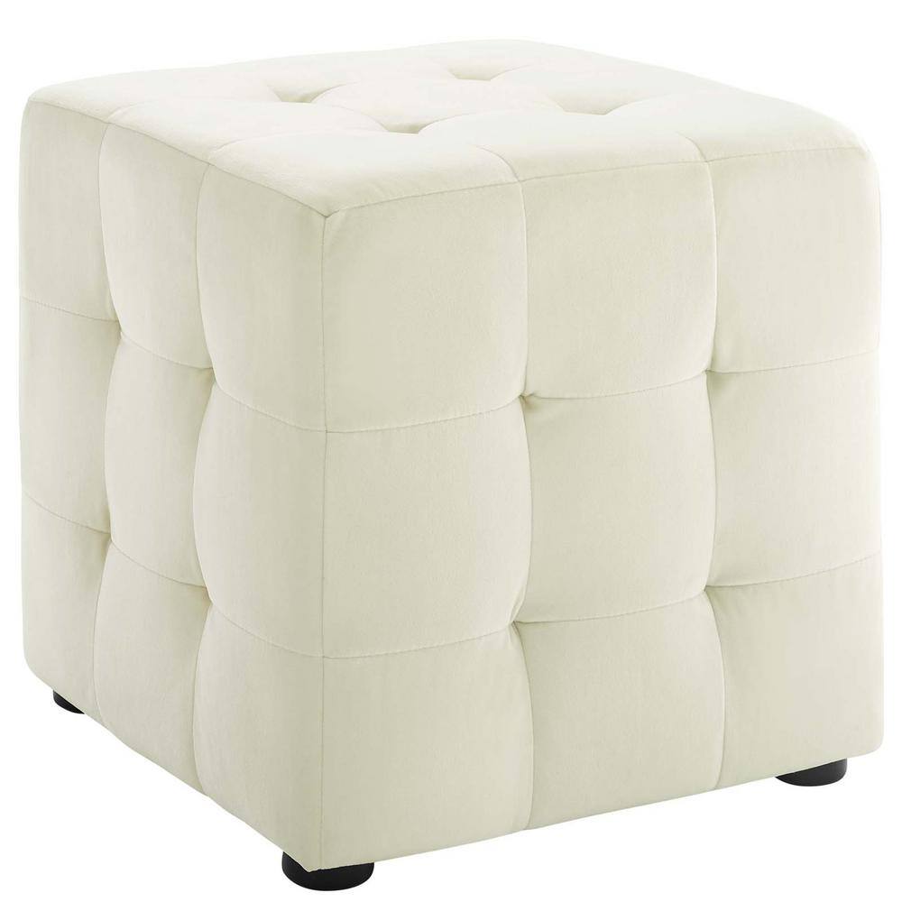 Ivory Tufted Cube Performance Velvet Ottoman
