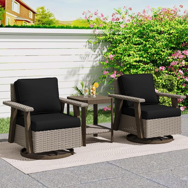 JOYSIDE 3-Piece Wicker Patio Swivel Rocking Chair Conversation Set with Black Cushions