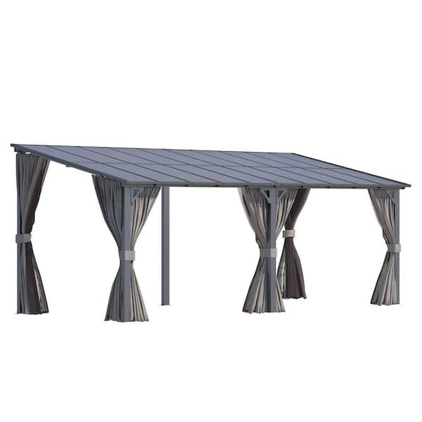 20 ft. x 8 ft. Outdoor Hard Top Gazebo for Patio, Large Wall-Mounted Lean to Pergola with Curtains and Netting