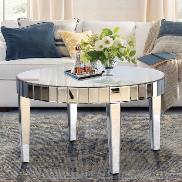31.5 in. Silver Round Glass Coffee Table with Silver Mirror Mosaic Design Circle Mirror Center Tables Modern Home Decor