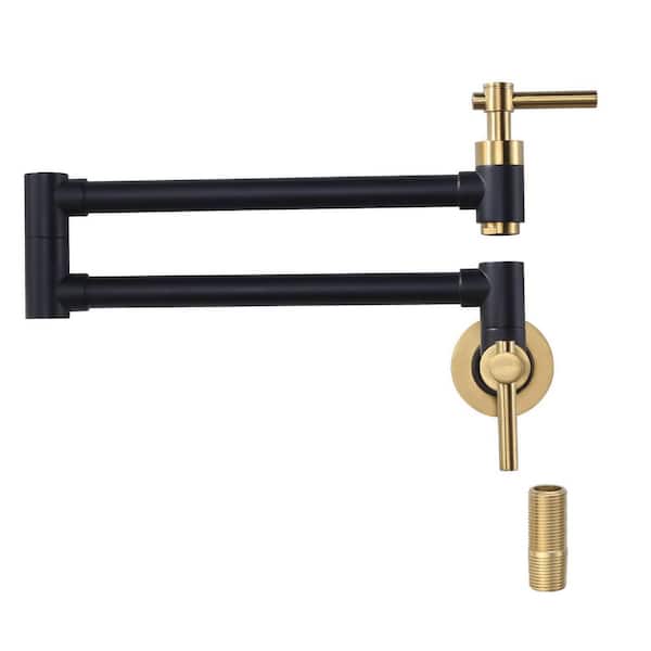 Wall Mounted Pot Filler Kitchen Faucet with Double Handles and 360° Spout Swivel in Black and Gold