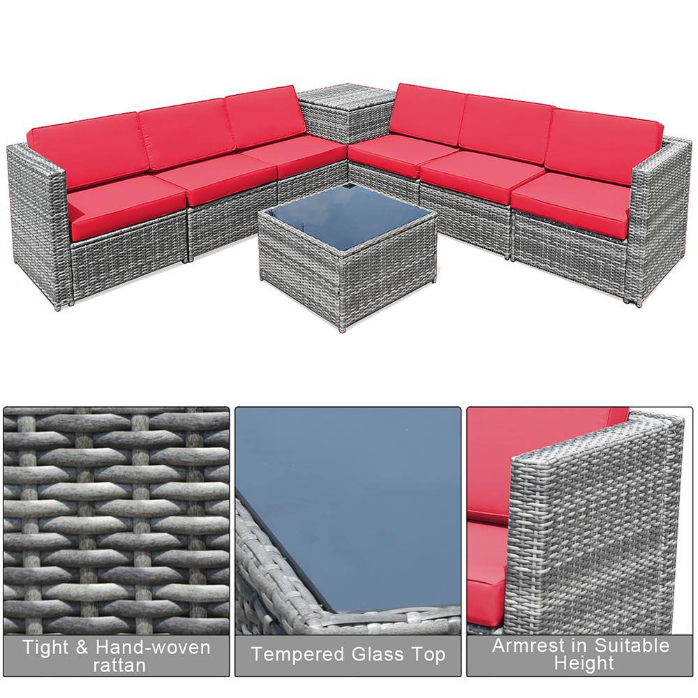 8-Piece Red Cushioned Wicker Rattan Patio Sofa Set with Storage Table