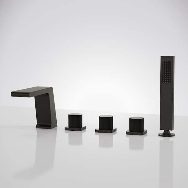 EVERSTEIN 3-Handle Tub Deck Mount Roman Tub Faucet with Hand Shower in Matte Black