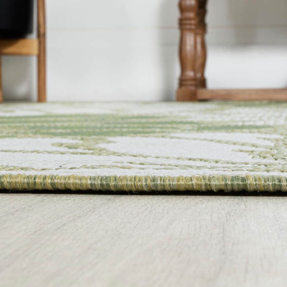 Sage Green and Cream Floral Flat Weave 5' Square Indoor/Outdoor Rug
