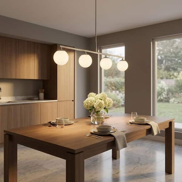 Nube 48 in. W 4-Light Brushed Nickel Modern Dimmable Linear Chandelier with Milk Glass Globe Shades, No Bulbs Included
