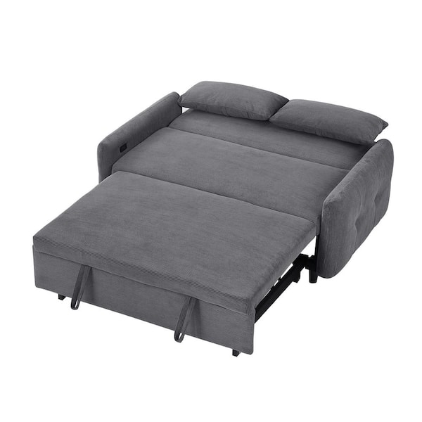 57.5 in. Dark Gray Corduroy Fabric 2-Seater Loveseat with USB Port and Pull-out Design