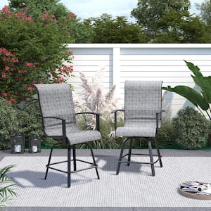 2-Piece Metal Outdoor Dining Chairs Swivel Barstool with Black and Gray Check Cushions