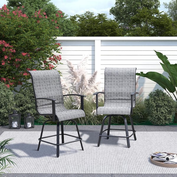 Clihome 2-Piece Metal Outdoor Dining Chairs Swivel Barstool with Black and Gray Check Cushions
