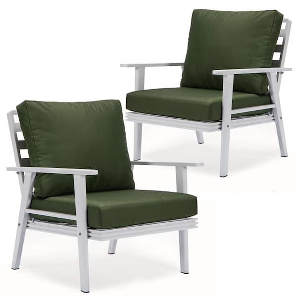 Leisuremod Walbrooke Modern White Aluminum Outdoor Arm Chair with Powder Coated Frame and Removable Cushions in. Green (Set of 2)