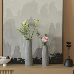 Decorative Modern Round Table Centerpiece Flower Vase with Gray Striped Design (Set of 2)