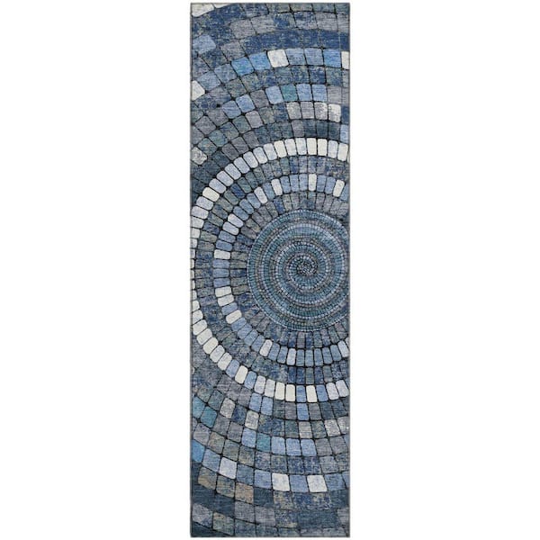 Mayfield Premium Machine Washable Abstract AMF2216 Navy 2 ft. x 7 ft. Runner Rug
