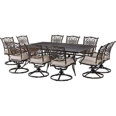 Renditions 11-Piece Aluminum Outdoor Dining Set with Sunbrella Silver Cushions, 10 Swivel Rockers and 60x84 in. Table