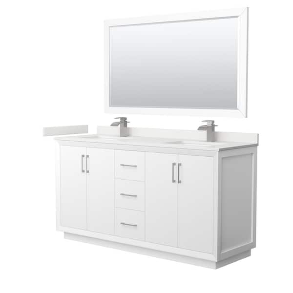Wyndham Collection Strada 66 in. W x 22 in. D x 35 in. H Double Bath Vanity in White with White Quartz Top and 58 in. Mirror