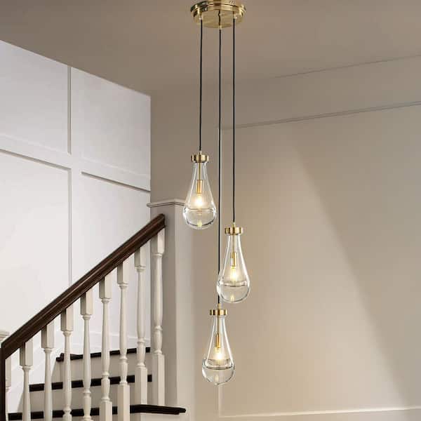 3-Light 9 in. Farmhouse Raindrop Glass Antique Brass Chandelier Rustic Teardrop Cluster Pendant Light for Kitchen Island