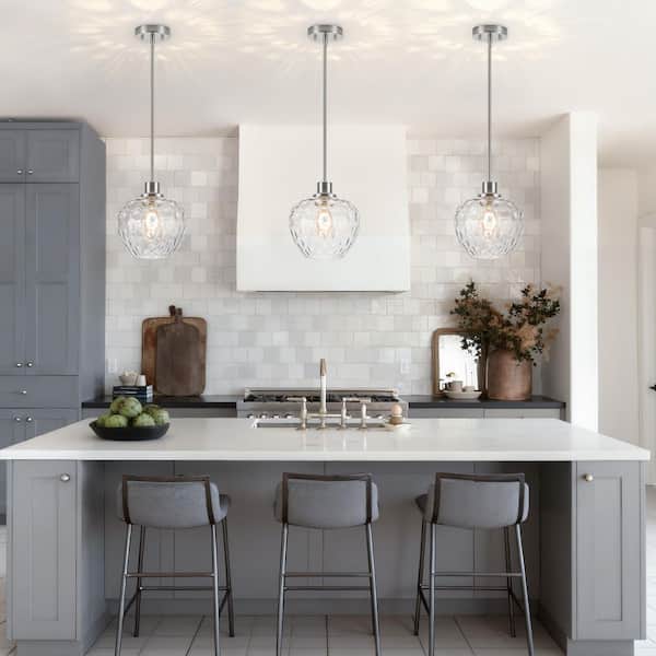 RayHome 1-Light Brushed Nickel Adjustable Height Pendant Light with Apple-Shaped Hammered Glass for Kitchen Bedroom