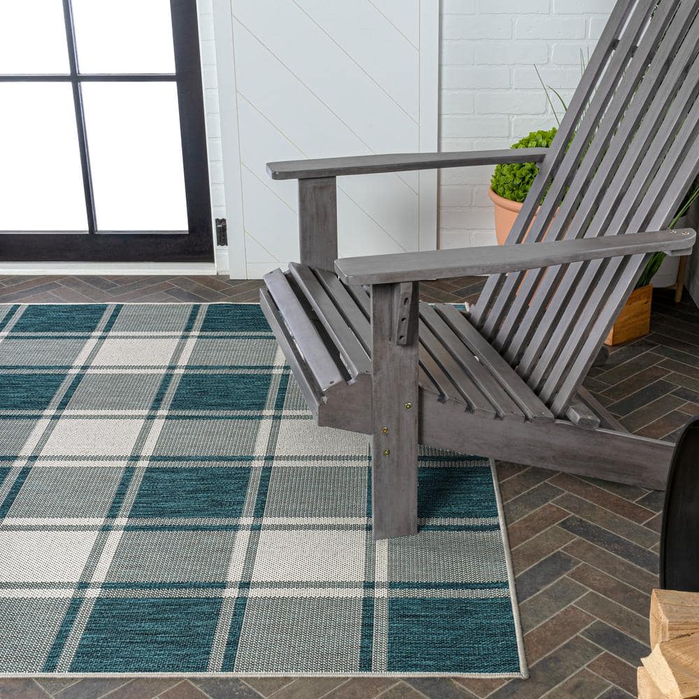 Turquoise and Cream Gingham 4x6 Outdoor Area Rug