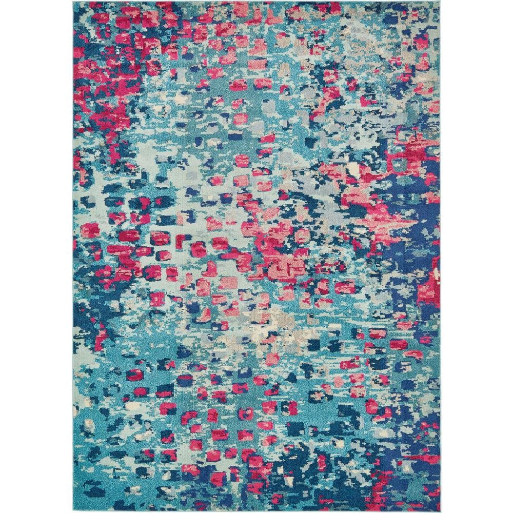 Jardin Collection Blue and Pink Abstract Modern Area Rug, 8 x 11 ft