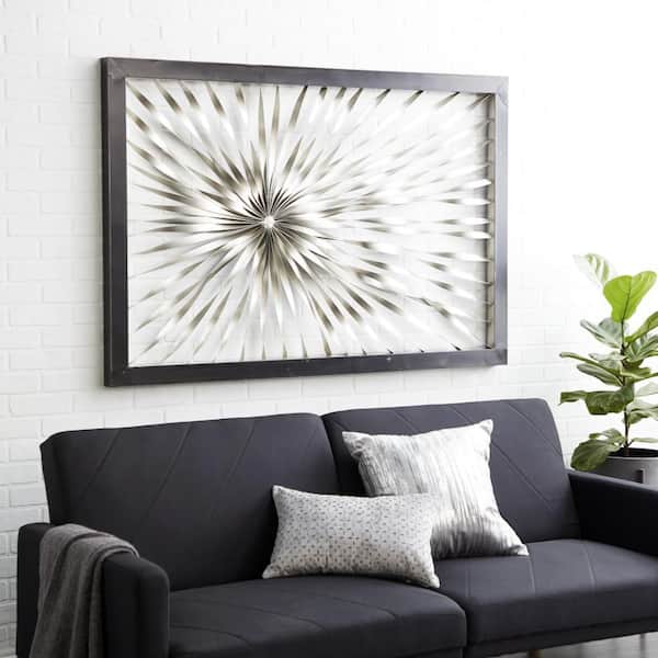 Litton Lane 60 in. x  40 in. Metal Silver Coiled Ribbon Sunburst Wall Decor with Black Frame