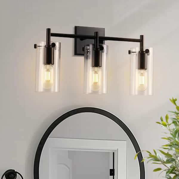 YANSUN 17 in. 3-Light Matte Black Vanity Light Fixture with Clear Glass Shades (Bulbs Not Included)