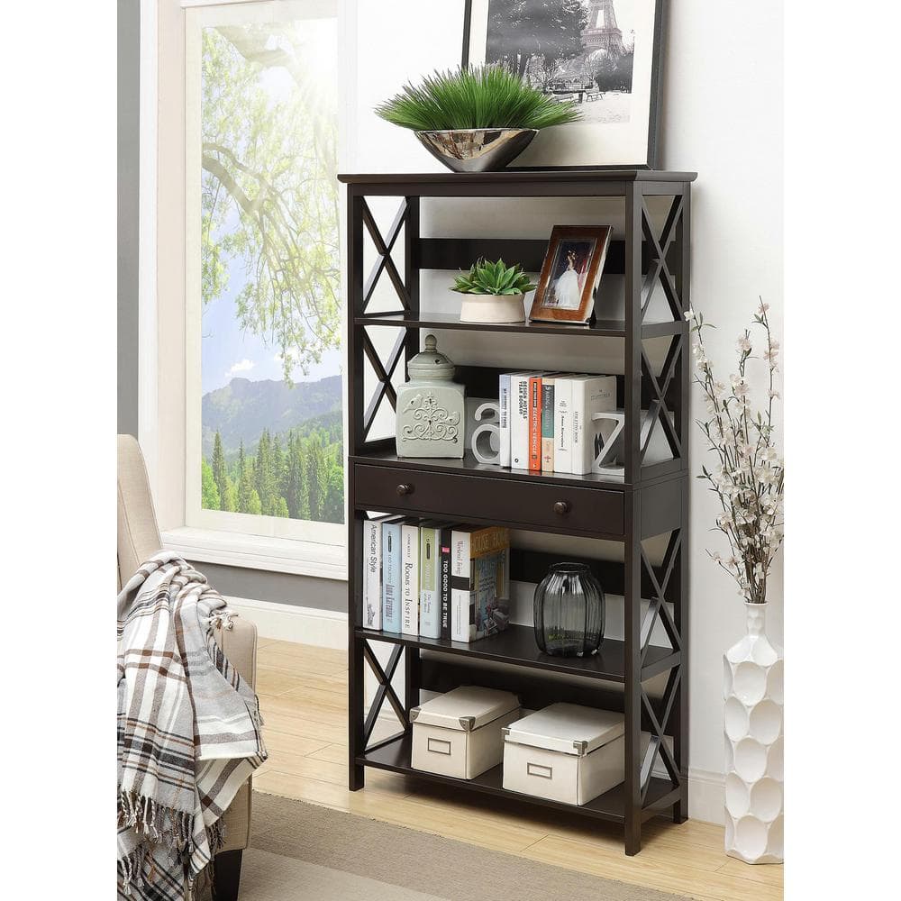 Modern Oxford Black Wood 5-Tier Bookcase with Concealed Drawer