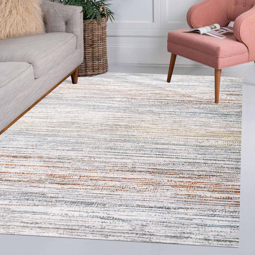 Gray and Blue Striped Synthetic 4' x 6' Area Rug