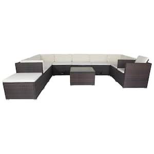 Brown 11-Piece Wicker Outdoor Patio 10 Seater Sectional Set with 3 Storage Box Under Seat and White Cushions