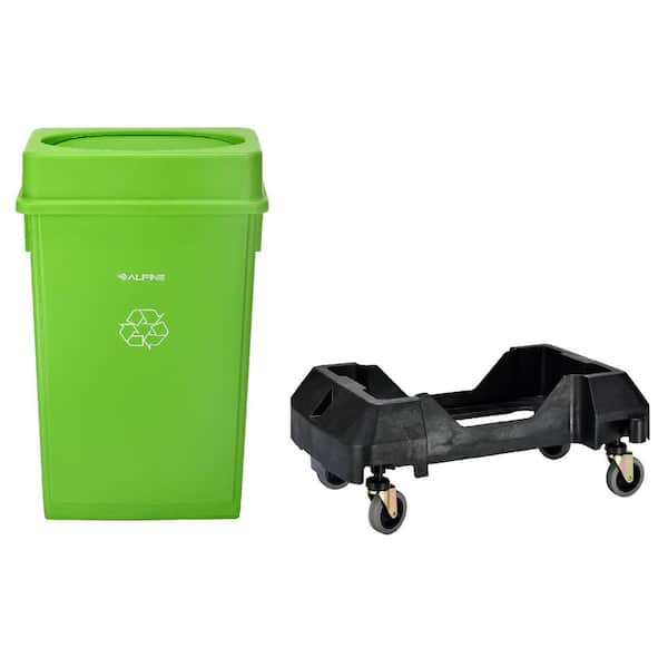 Alpine Industries 23 Gal. Lime Green Slim Recycling Bin Trash Can with Can Bottle Lid and Dolly
