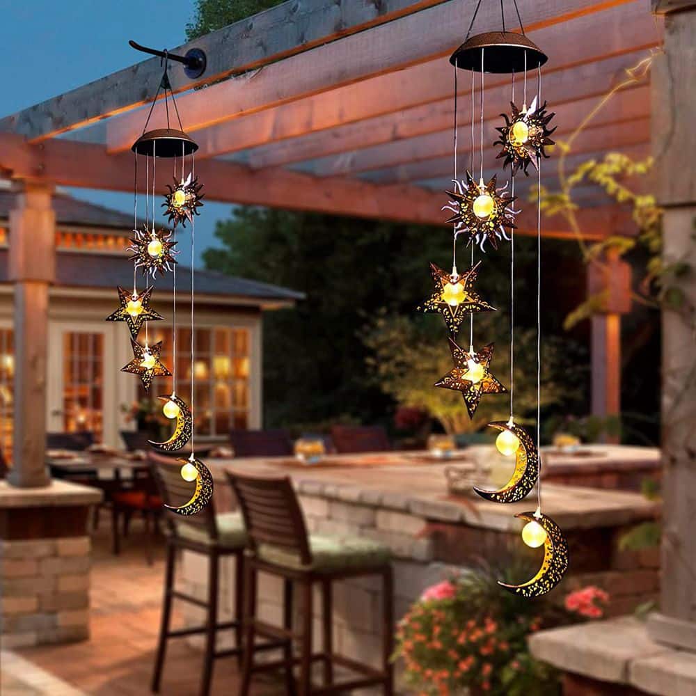 Solar Powered Sun Moon Star Waterproof LED Wind Chimes