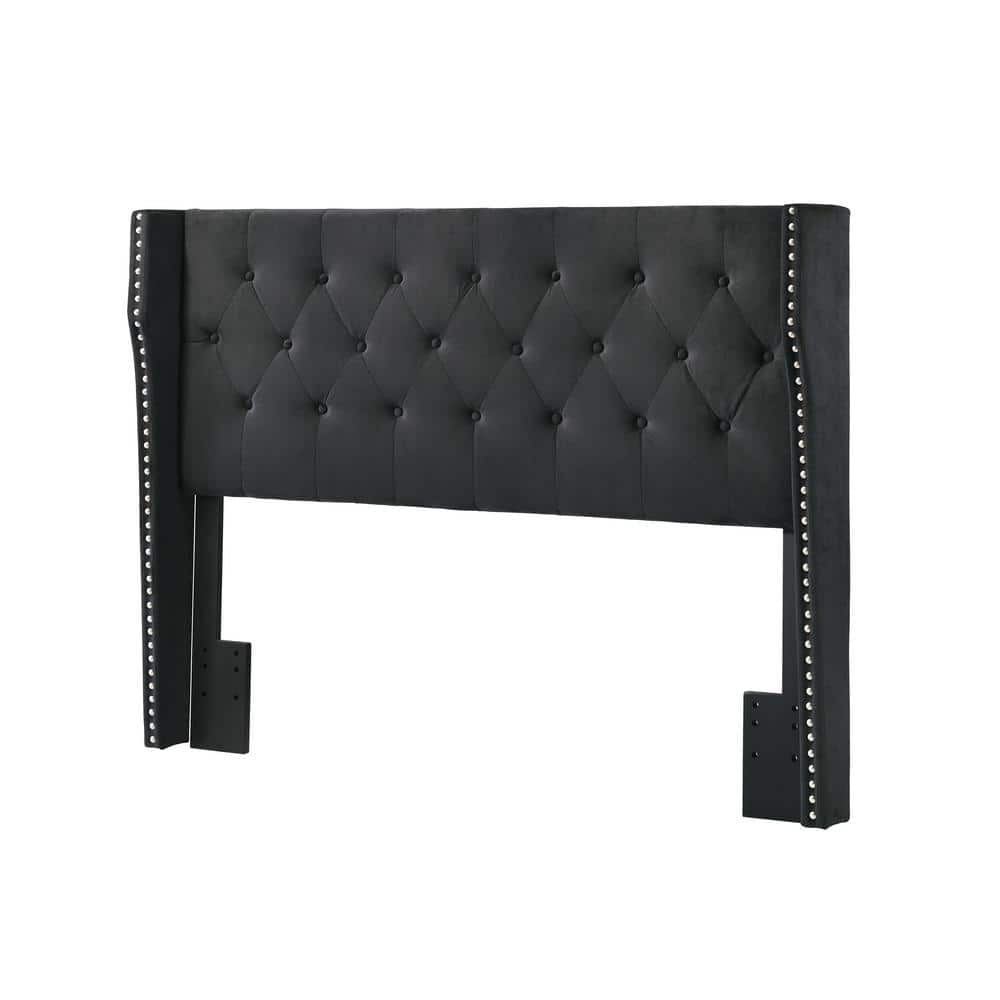 Luxurious Black Velvet King Panel Bed with Silver Nailhead Trim