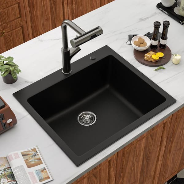 25 in. Drop-In Single Bowl Matte Black Granite Composite Kitchen Sink with Bottom Grids and Strainer