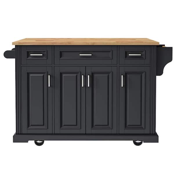 Black Wood 54.1 in. Large Kitchen Island with Drop Leaf, Spice Rack, Towel Rack, 4-Doors and 3-Drawers