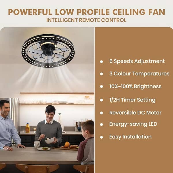 19 in. Indoor Black Low Profile Caged Ceiling Fan with Lights with Remote Included