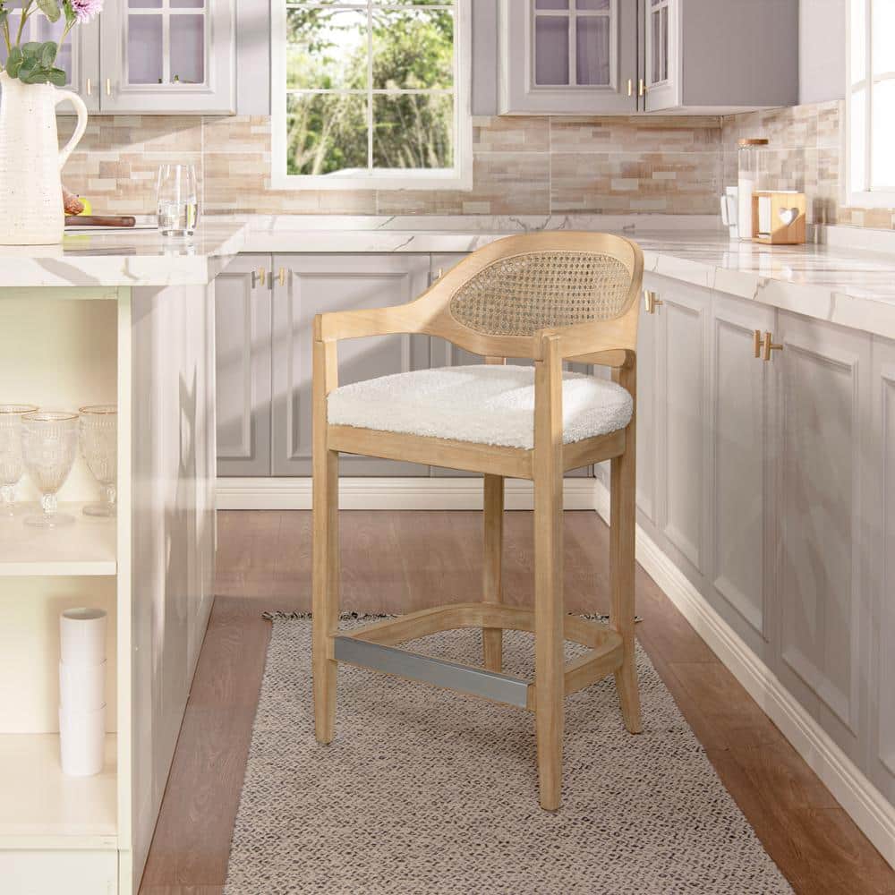 Ivory White Bouclé 26" Cane Back Counter Stool with Oak Frame