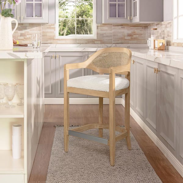 Americana 26 in. Mid-Century Modern Ivory White Cane Rattan Back Wood Frame Kitchen Counter Height Bar Stool
