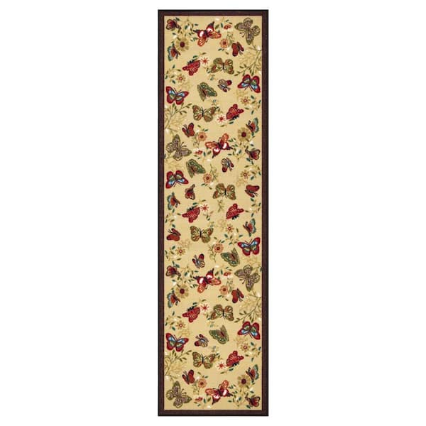 Ottomanson House Collection Non-Slip Rubberback Butterfly Design 2x7 Indoor Runner Rug, 1 ft. 10 in. x 7 ft., Beige