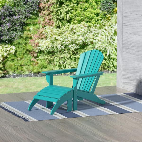 Mason Turquoise 2-Piece Poly Plastic Outdoor Patio Classic Adirondack Fire Pit Chair With Ottoman Set